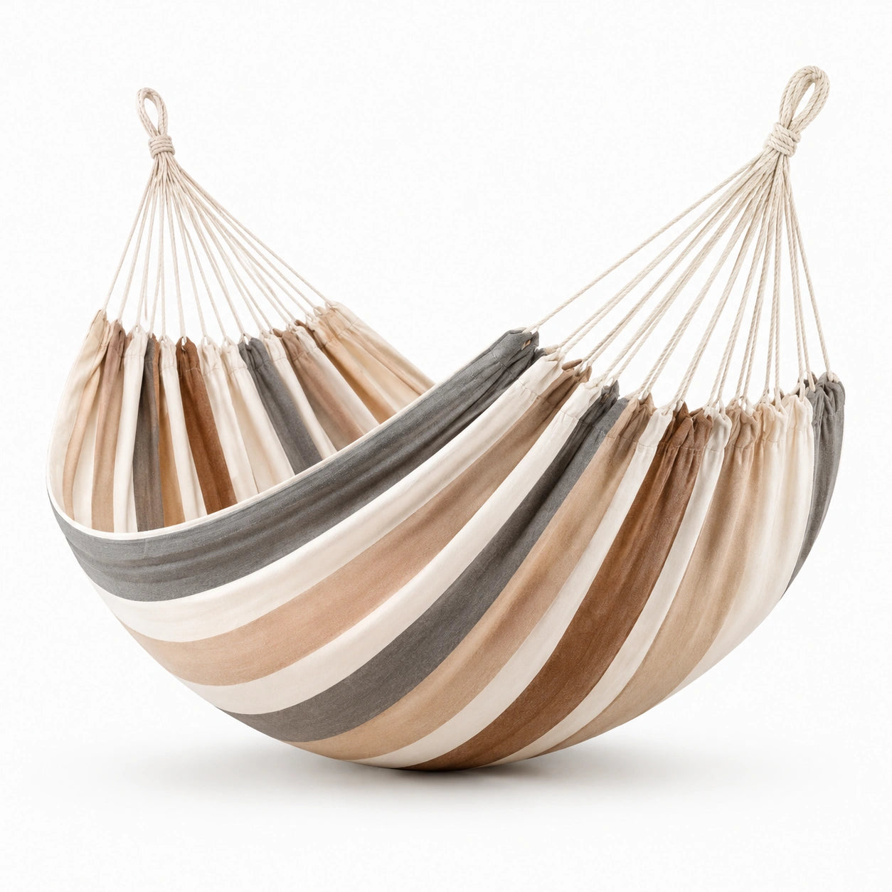 Amaca sospesa a righe in tessuto intrecciato 200 × 150 × 0,5 cm, bianco, beige, marrone e grigio