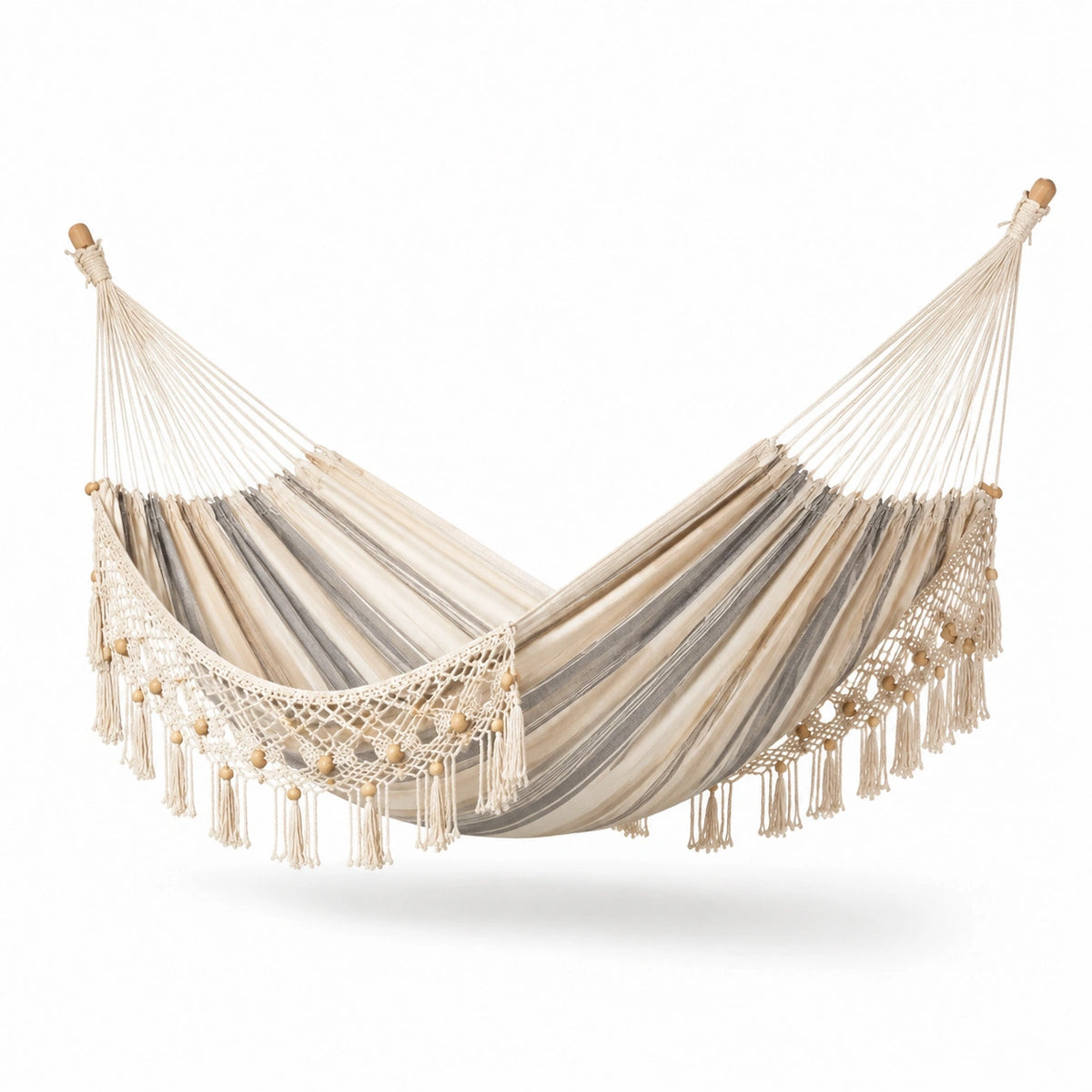 Amaca sospesa beige e grigia con frange in stile bohémien, 200 x 150 x 1 cm