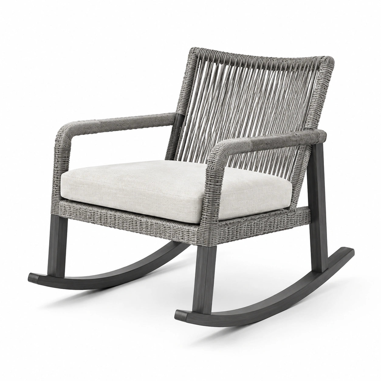 Poltrona a dondolo da esterno in metallo e corda sintetica grigia con cuscino crema, 75 × 95 × 90 cm