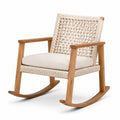 Sedia a dondolo in legno marrone e corda intrecciata beige con cuscino e braccioli, 72 x 90 x 88 cm
