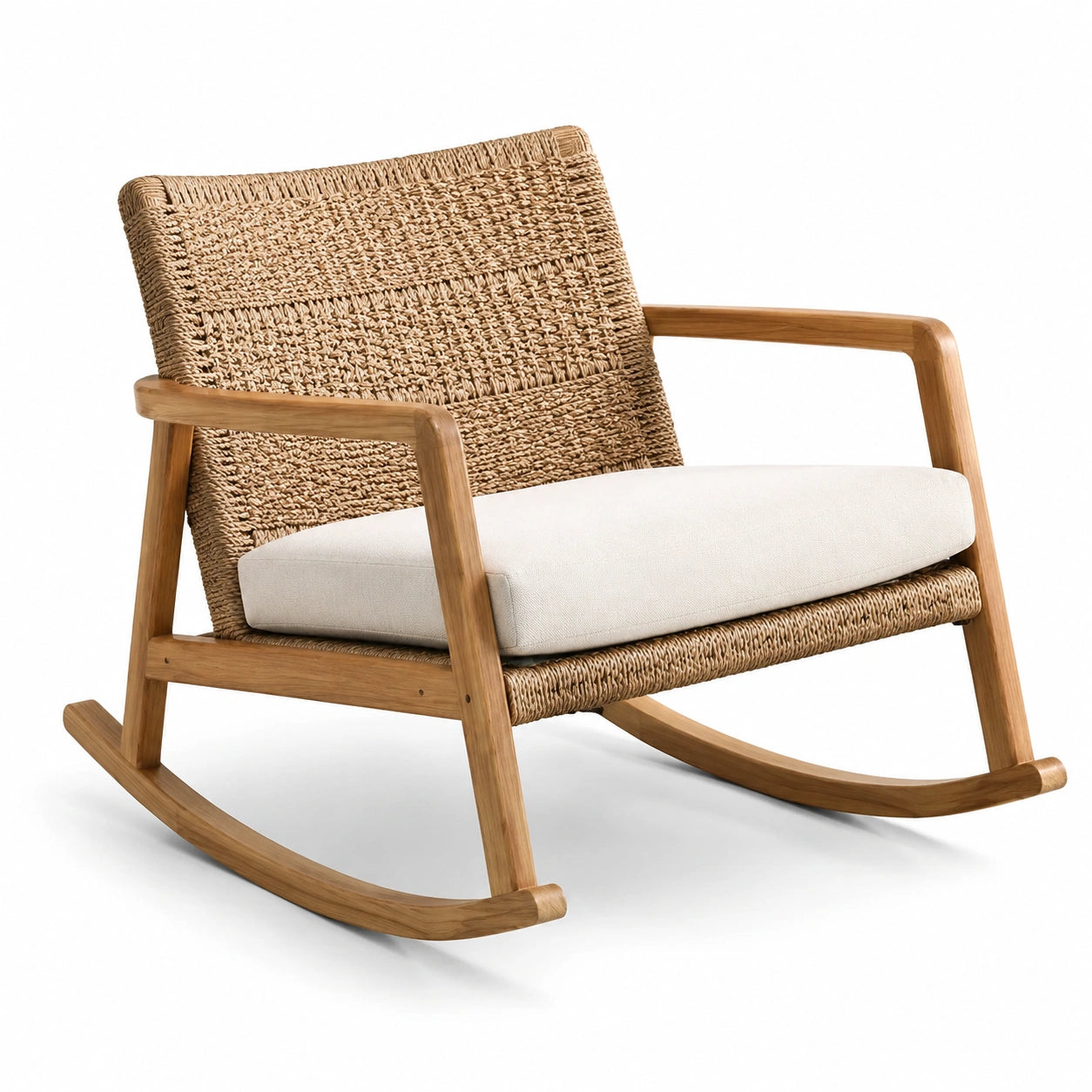 Poltrona a dondolo in legno marrone con intreccio beige e cuscino crema, 74 × 92 × 88 cm