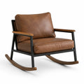Poltrona a dondolo in similpelle marrone, metallo nero e legno, 80 × 90 × 85 cm