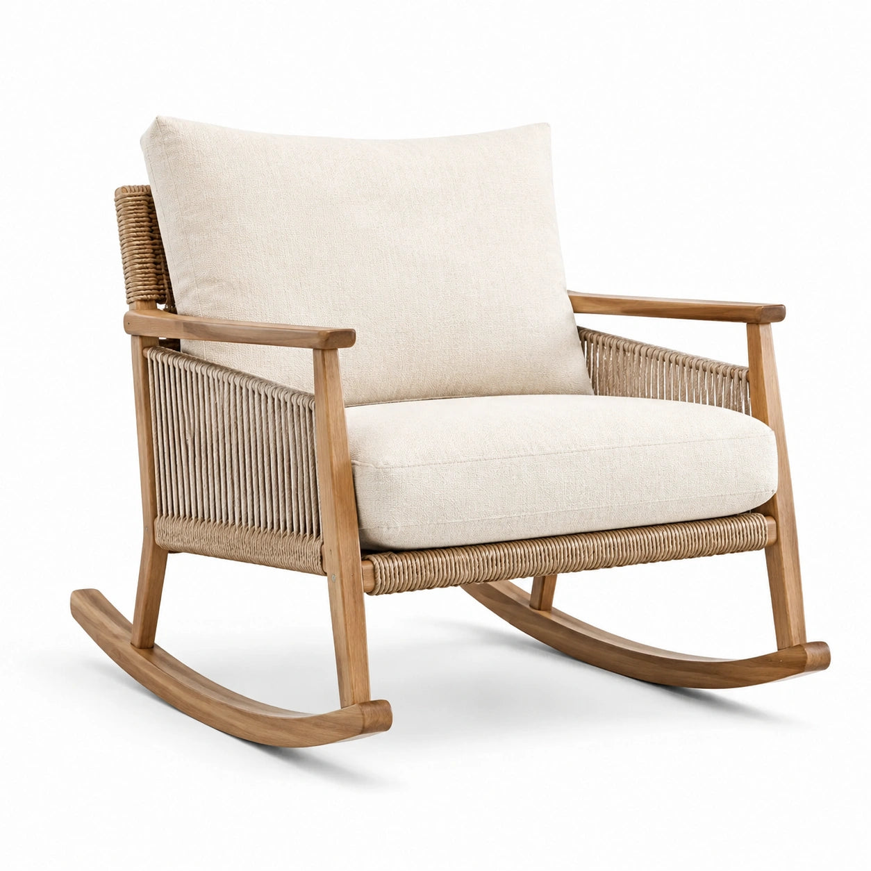 Poltrona a dondolo in legno e corda intrecciata con cuscini crema, 96 × 76 × 89 cm