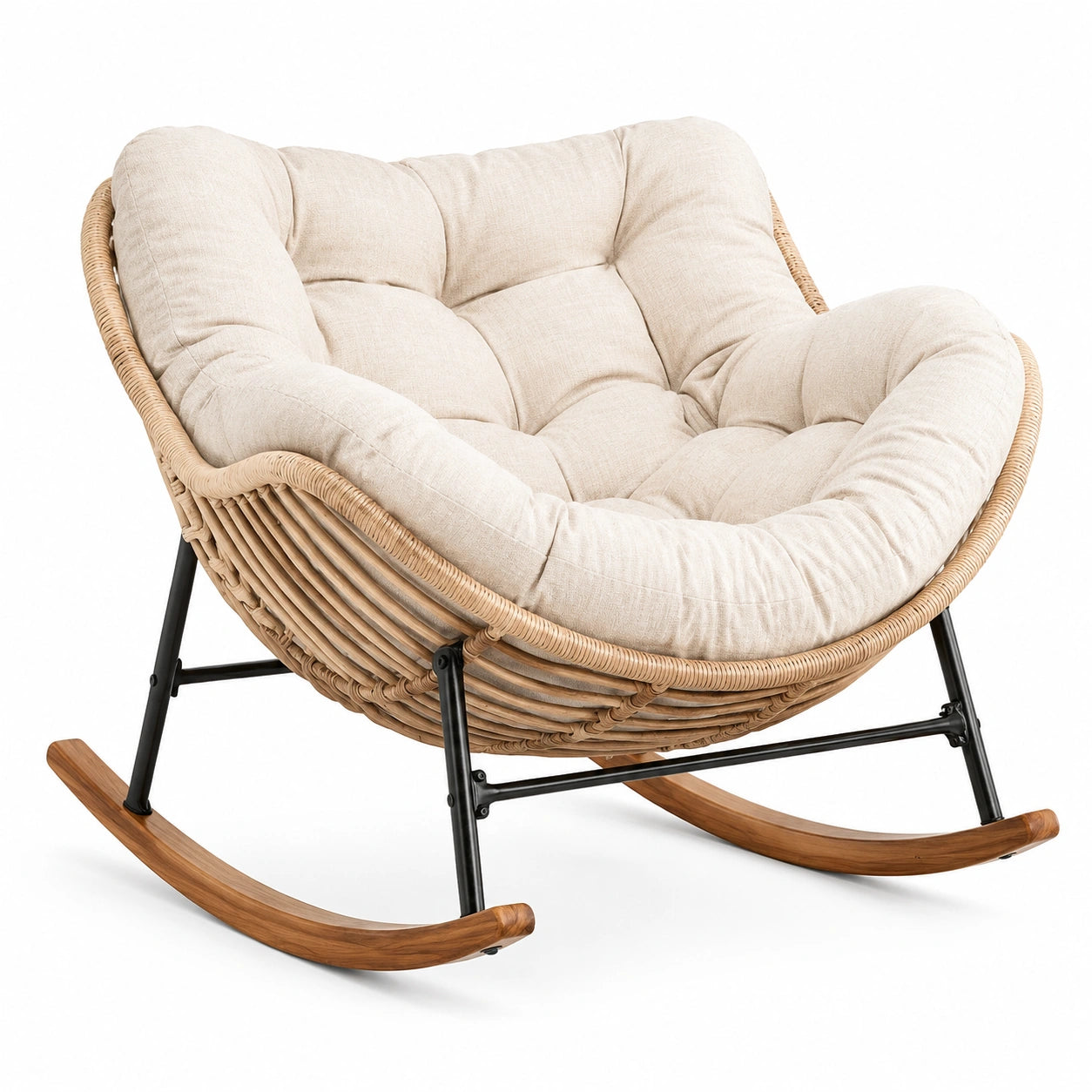 Poltrona a dondolo in rattan intrecciato e tessuto beige, 115 × 96 × 90 cm, con telaio nero e pattini marroni