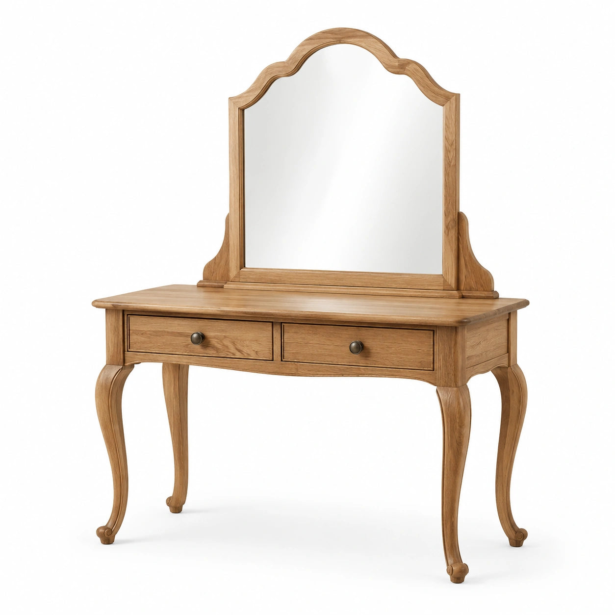 Toeletta classica in legno marrone con specchio sagomato, 2 cassetti e gambe curve, 110 × 45 × 145 cm
