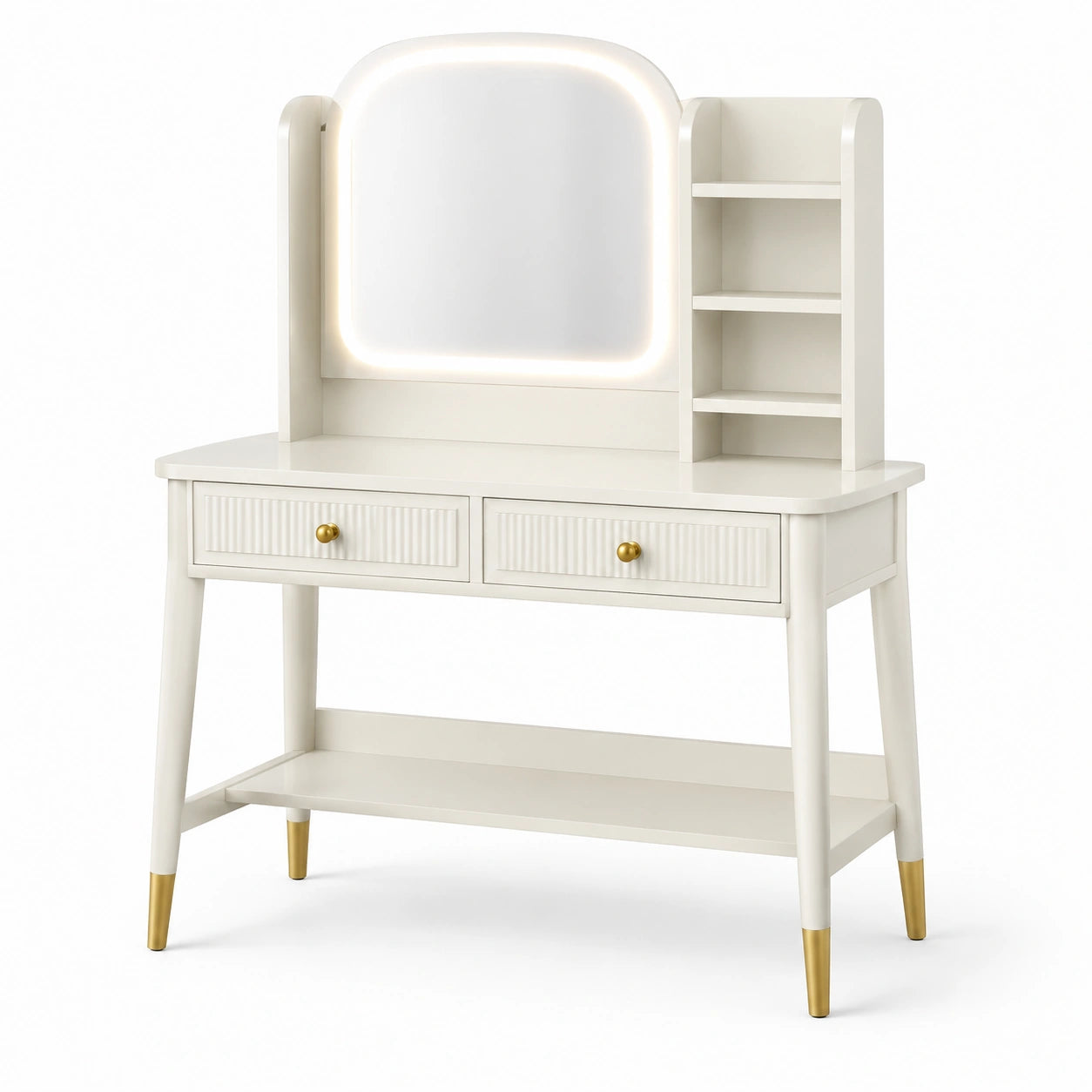 Toeletta moderna con specchio illuminato, 2 cassetti e ripiani, 110 × 45 × 140 cm, bianco e oro