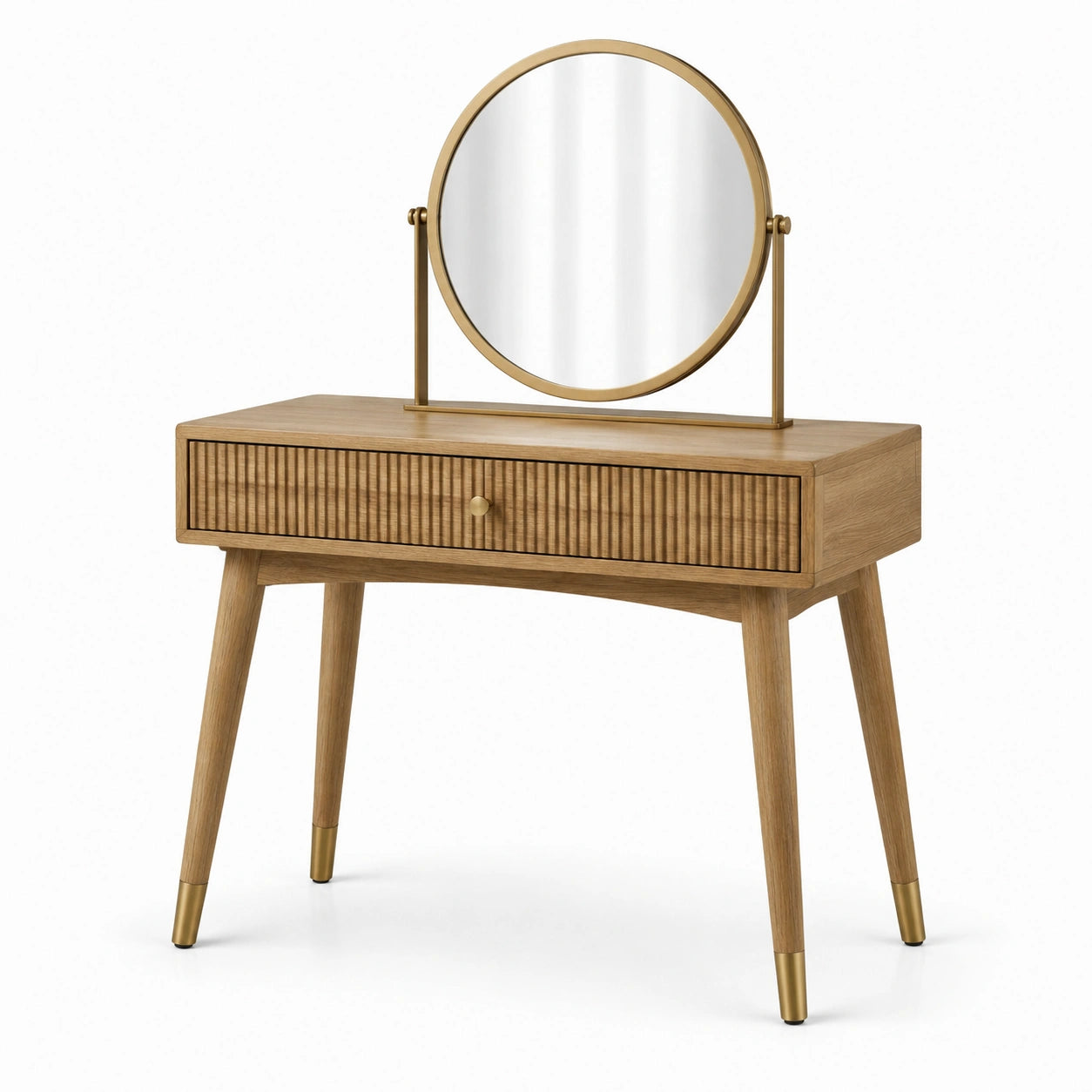 Toeletta moderna con specchio rotondo e cassetto, 100 × 40 × 135 cm, marrone e dorato