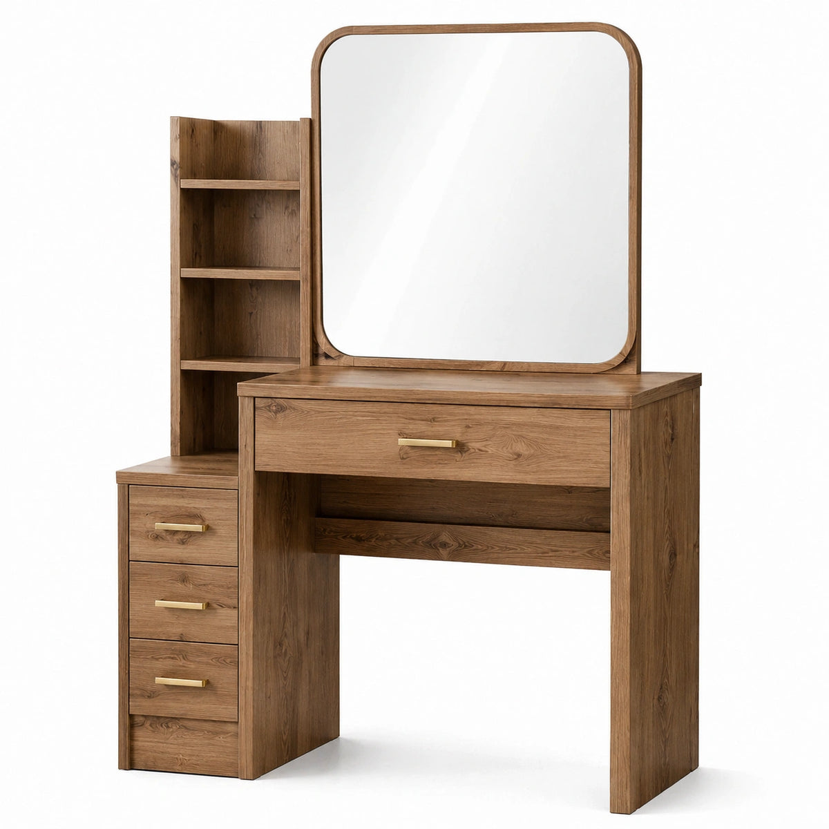 Toeletta moderna con specchio, 4 cassetti e ripiani, 120 × 40 × 150 cm, marrone e oro