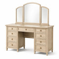 Toeletta beige con specchio triplo, 9 cassetti e dettagli bronzo, 140 × 45 × 150 cm, stile classico