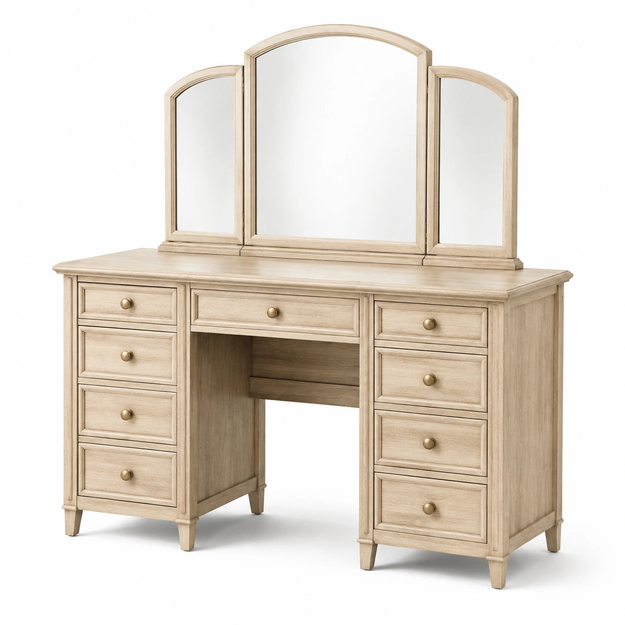 Toeletta beige con specchio triplo, 9 cassetti e dettagli bronzo, 140 × 45 × 150 cm, stile classico