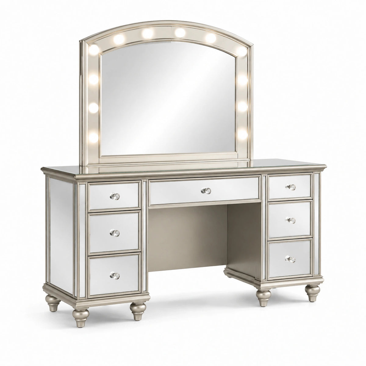 Toeletta argentata con specchio ad arco illuminato e 7 cassetti, 152 × 46 × 165 cm