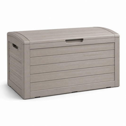 Baule da giardino in resina tortora effetto legno con coperchio, 120 × 55 × 60 cm