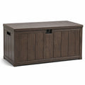 Baule portaoggetti da esterno in resina marrone scuro effetto legno con coperchio, 145 x 70 x 60 cm