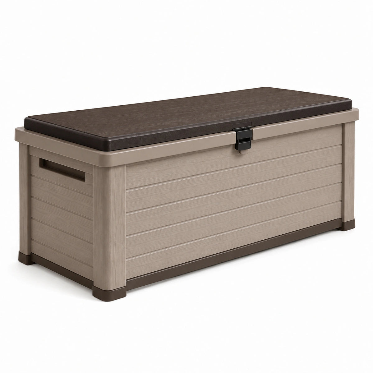 Cassapanca contenitore da esterno in resina effetto legno, tortora e marrone scuro, 120 × 55 × 60 cm, con coperchio e chiusura frontale