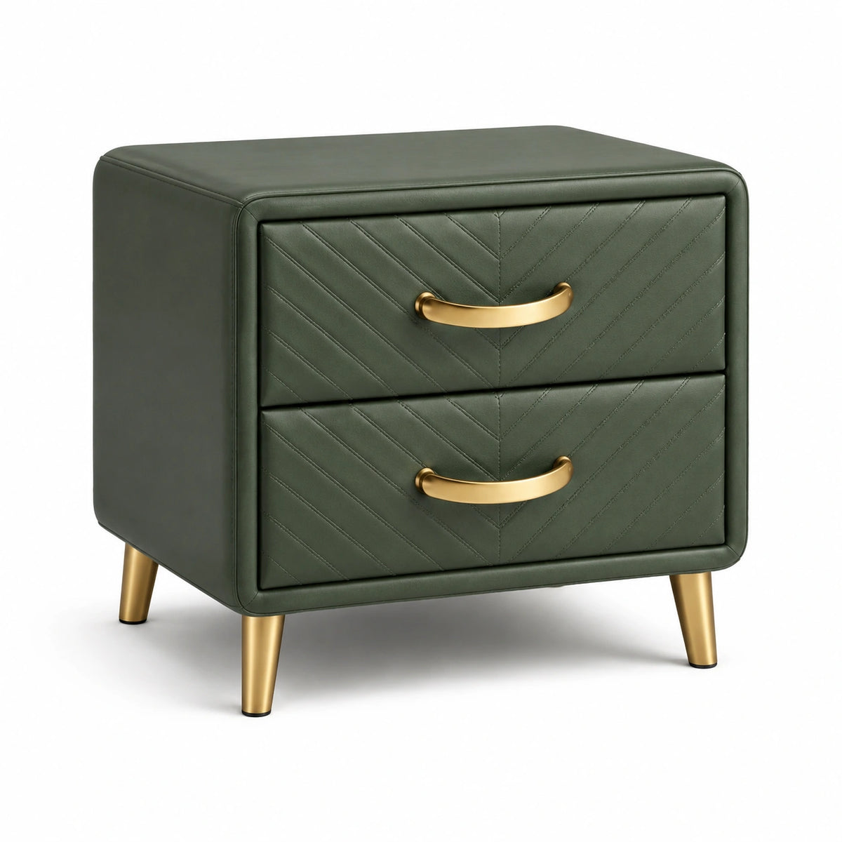 Comodino moderno in similpelle verde scuro con 2 cassetti e dettagli oro, 55 × 40 × 58 cm