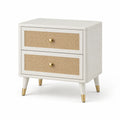 Comodino moderno bianco con 2 cassetti in rattan naturale, dettagli dorati, 50 × 40 × 60 cm