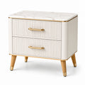 Comodino moderno con 2 cassetti, piano effetto marmo, bianco, oro e legno naturale, 60 × 40 × 58 cm