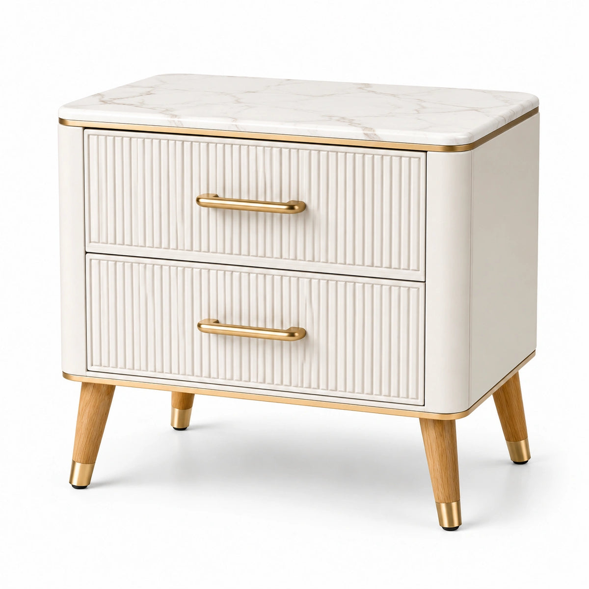 Comodino moderno con 2 cassetti, piano effetto marmo, bianco, oro e legno naturale, 60 × 40 × 58 cm