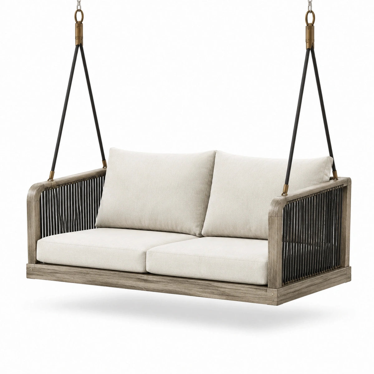 Divano sospeso da giardino a 2 posti, 152 × 84 × 76 cm, in legno, corda e tessuto beige, grigio tortora, nero e bronzo