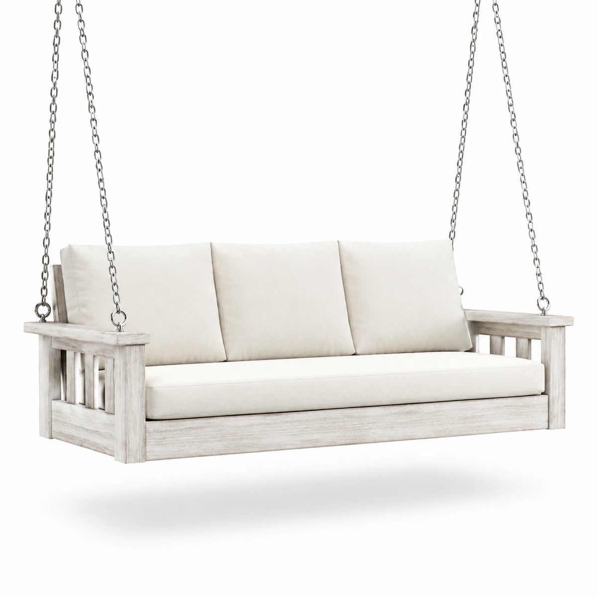 Divano sospeso da esterno a 3 posti, 200 × 85 × 65 cm, bianco crema, bianco anticato e argento