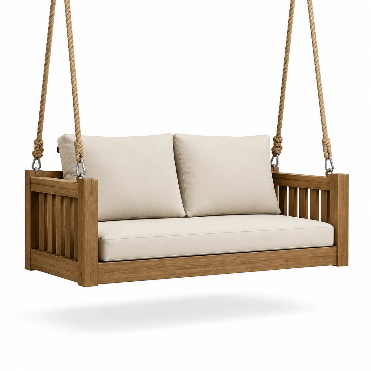 Divano sospeso da giardino a 2 posti, 160 × 80 × 65 cm, marrone e beige, stile rustico