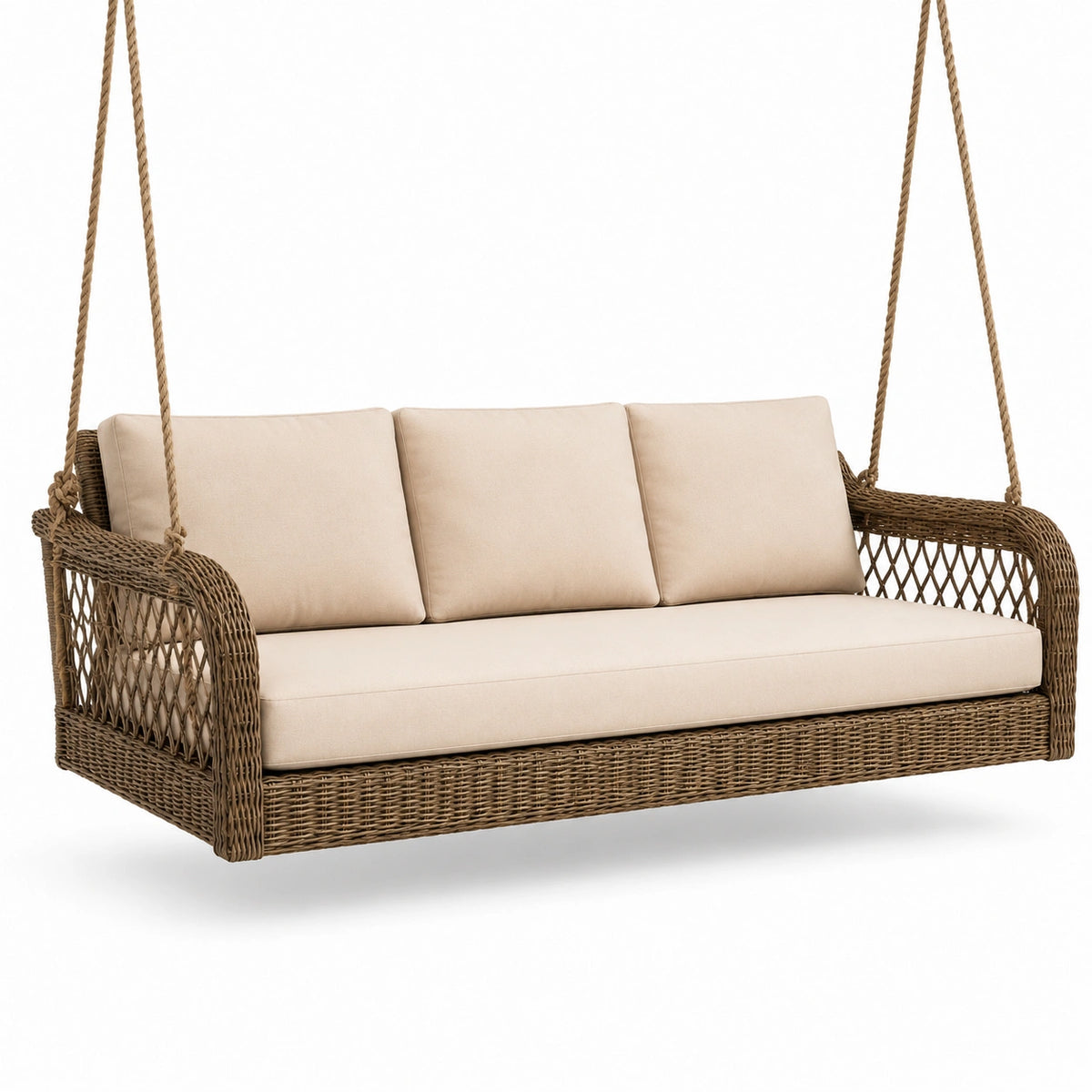 Divano sospeso da giardino a 3 posti, 200 × 85 × 70 cm, effetto rattan marrone e cuscini beige