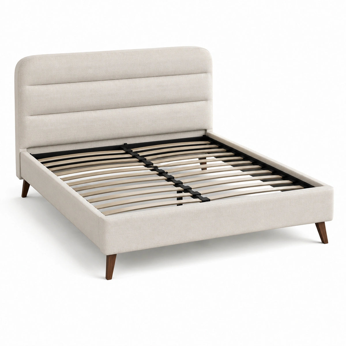 Letto matrimoniale imbottito beige con testiera alta e rete a doghe, materasso 160 × 200 cm, dimensioni 215 × 170 × 110 cm