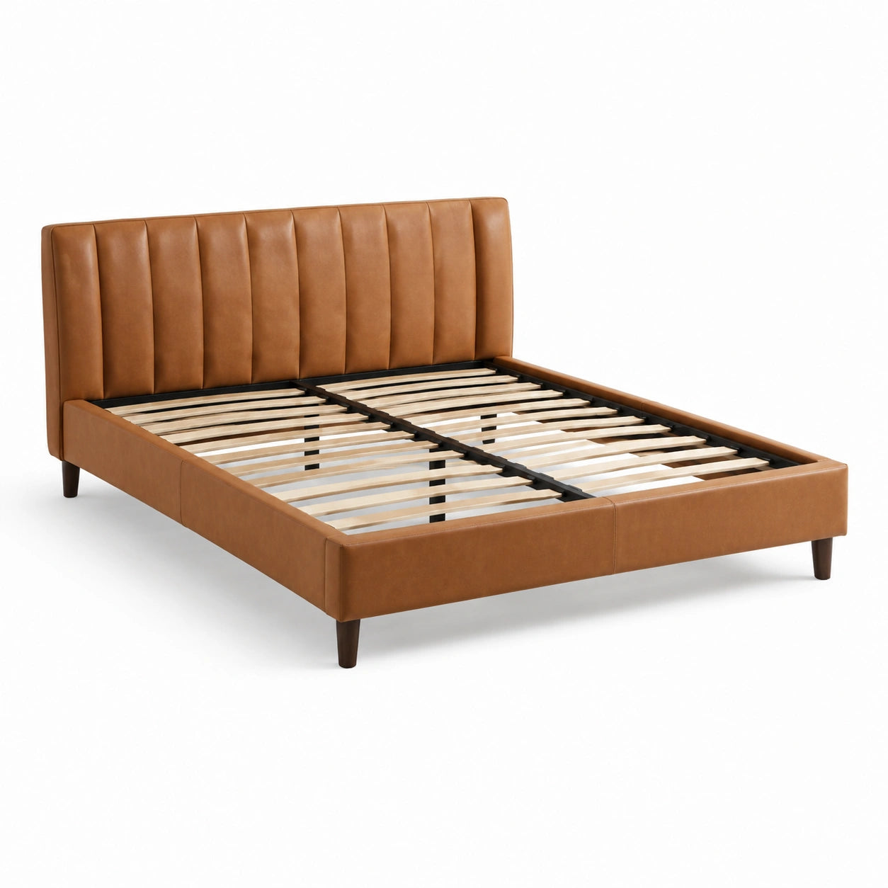 Letto matrimoniale in similpelle marrone cognac con testiera imbottita e rete a doghe, 170 × 217 × 105 cm