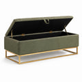 Panca contenitore imbottita in tessuto verde oliva con base in metallo dorato, 120 × 45 × 48 cm