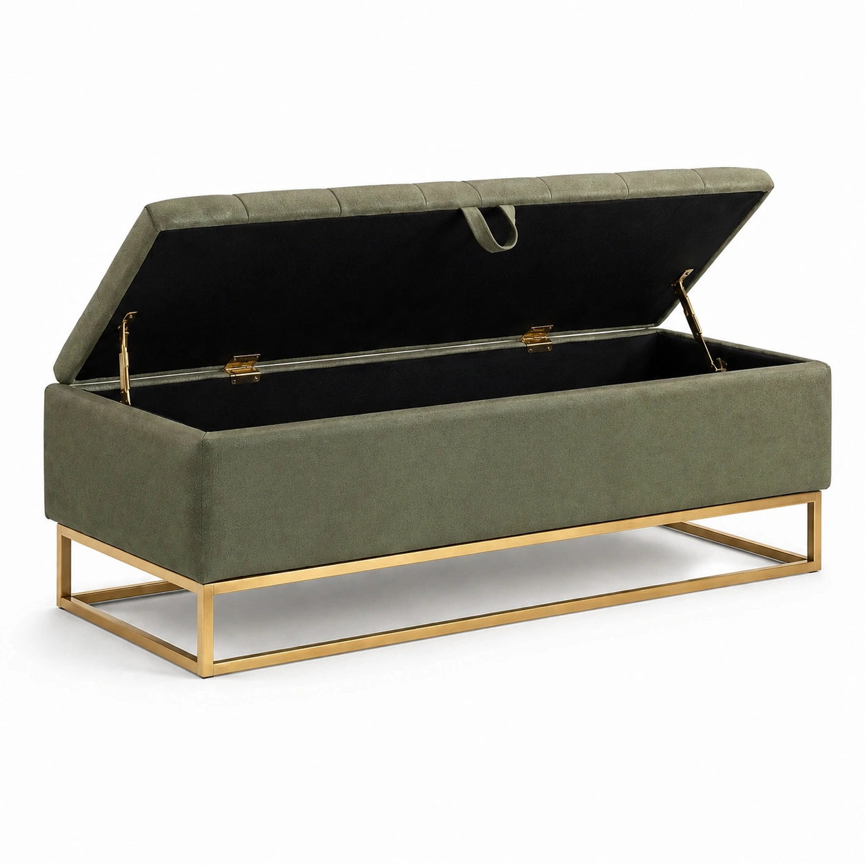 Panca contenitore imbottita in tessuto verde oliva con base in metallo dorato, 120 × 45 × 48 cm
