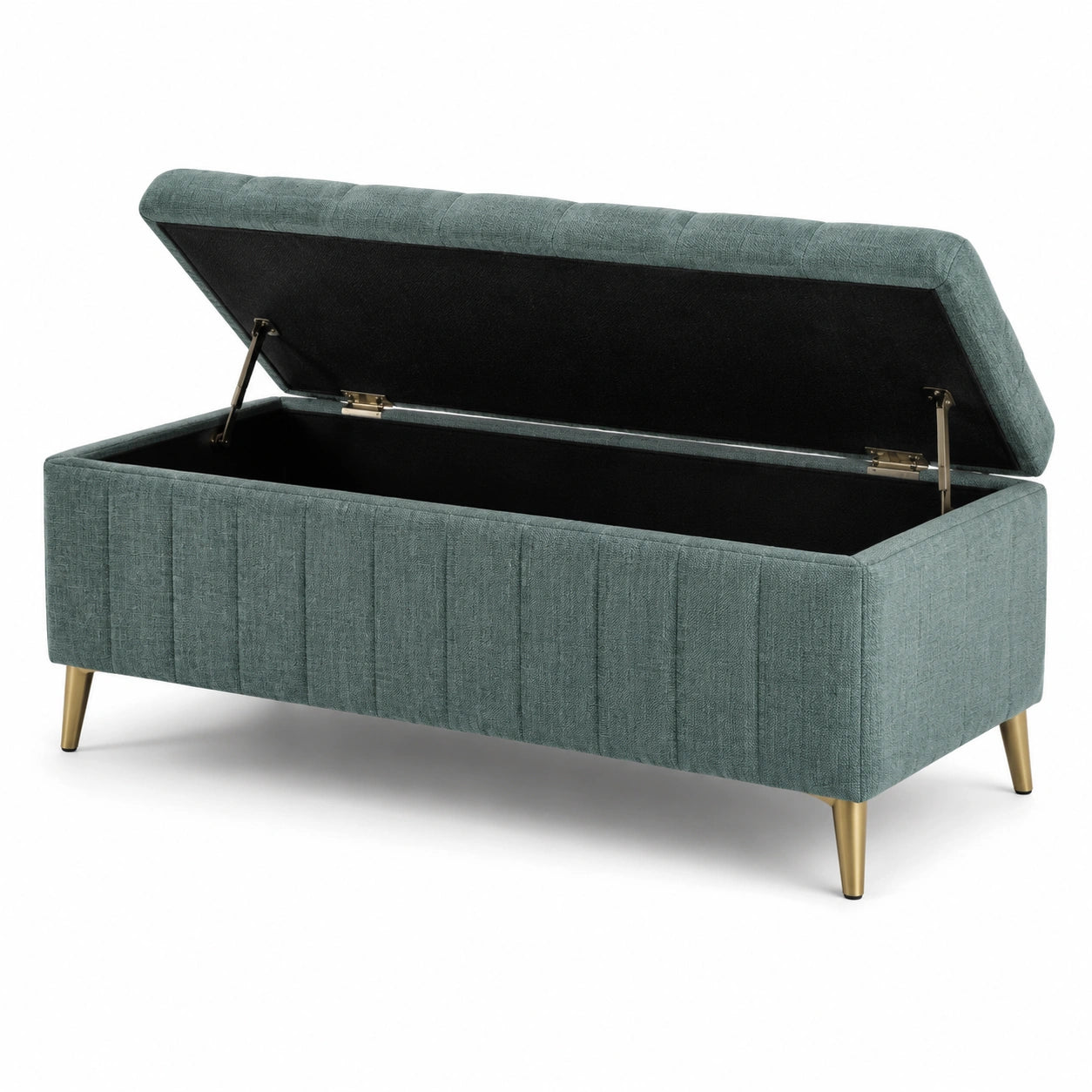 Panca contenitore imbottita in tessuto verde petrolio con piedi dorati, 110 × 40 × 45 cm