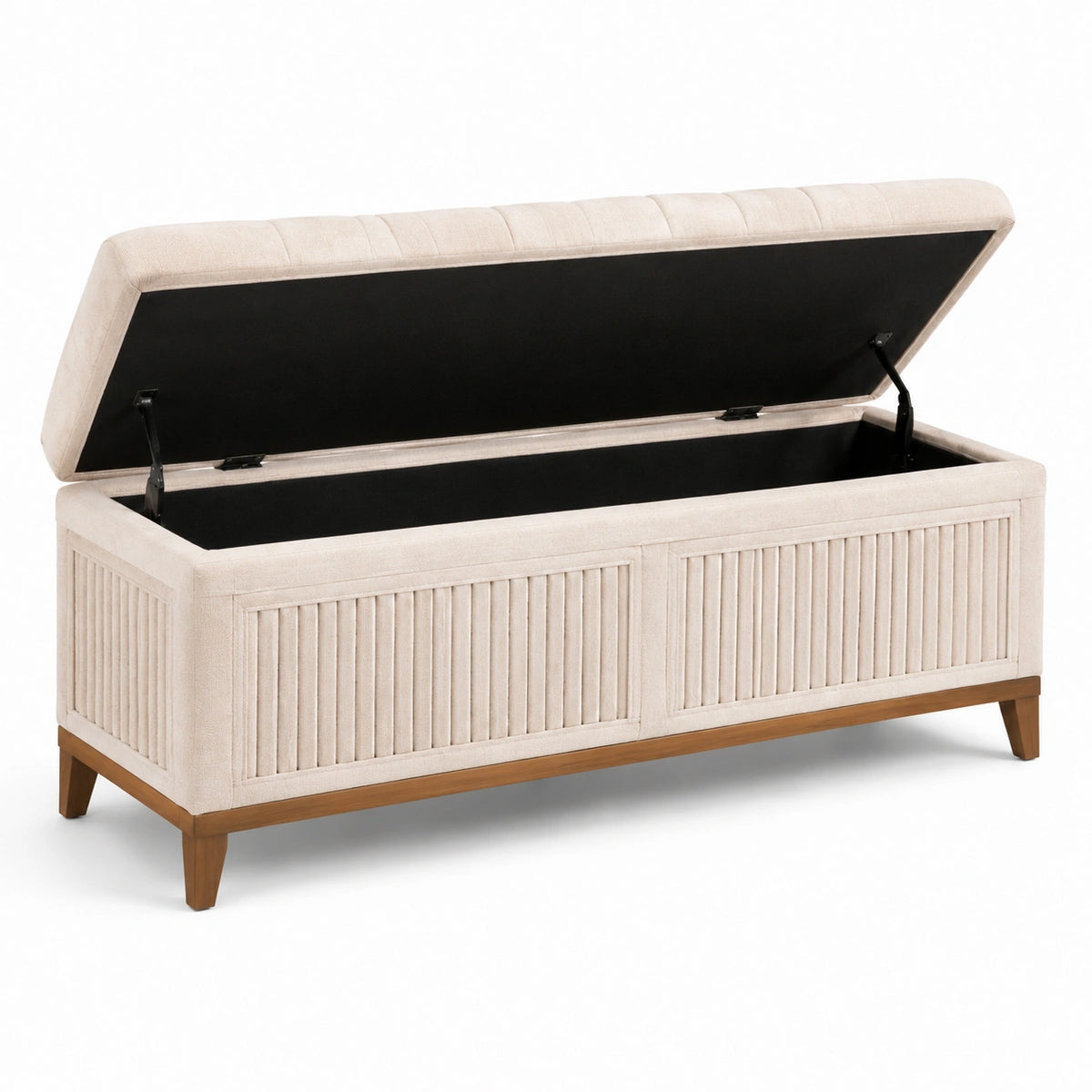 Panca contenitore imbottita 140 × 45 × 52 cm in tessuto beige con base marrone e interno nero