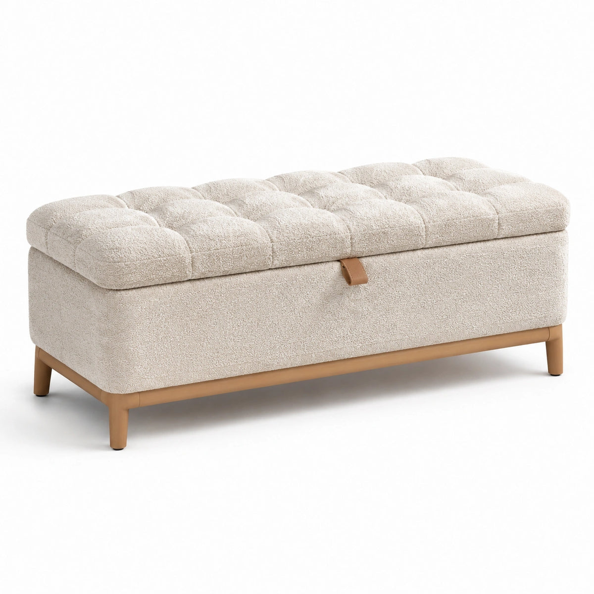 Panca contenitore in bouclé avorio con seduta capitonné, 120 x 45 x 45 cm