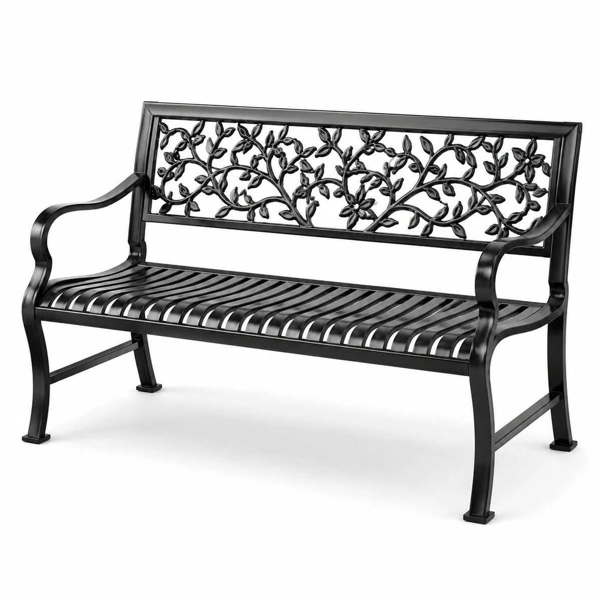 Panchina da giardino a 2 posti in metallo nero con schienale floreale, 127 × 60 × 85 cm