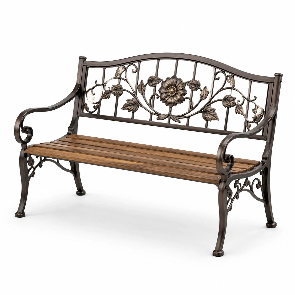 Panchina da giardino a 2 posti 127 × 56 × 87 cm, bronzo e marrone, con motivo floreale e braccioli