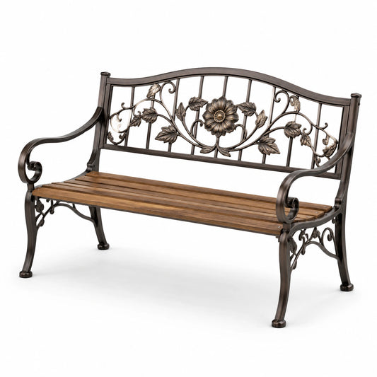 Panchina da giardino a 2 posti 127 × 56 × 87 cm, bronzo e marrone, con motivo floreale e braccioli