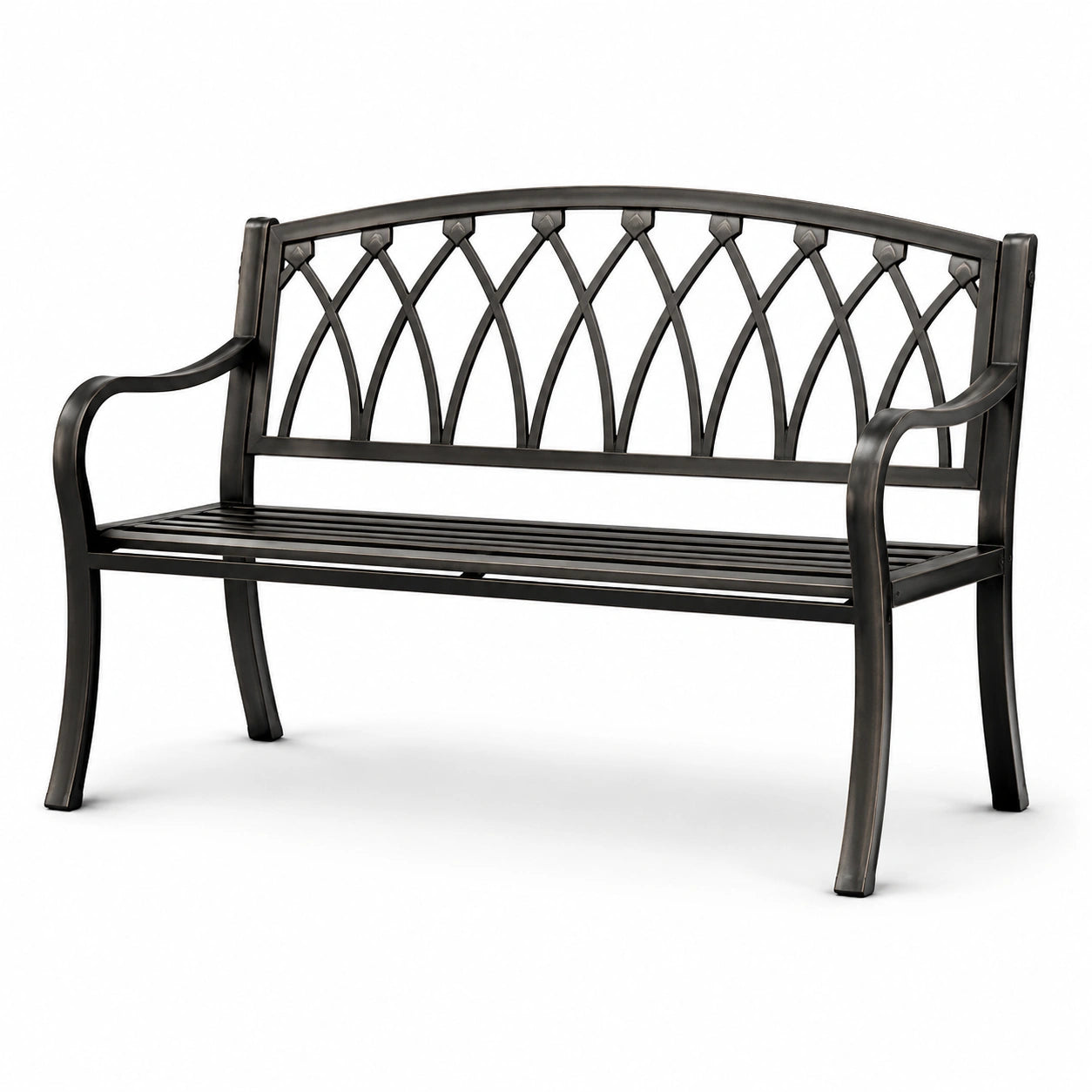 Panchina da giardino a 2 posti in metallo nero e bronzo con braccioli, 122 × 60 × 86 cm
