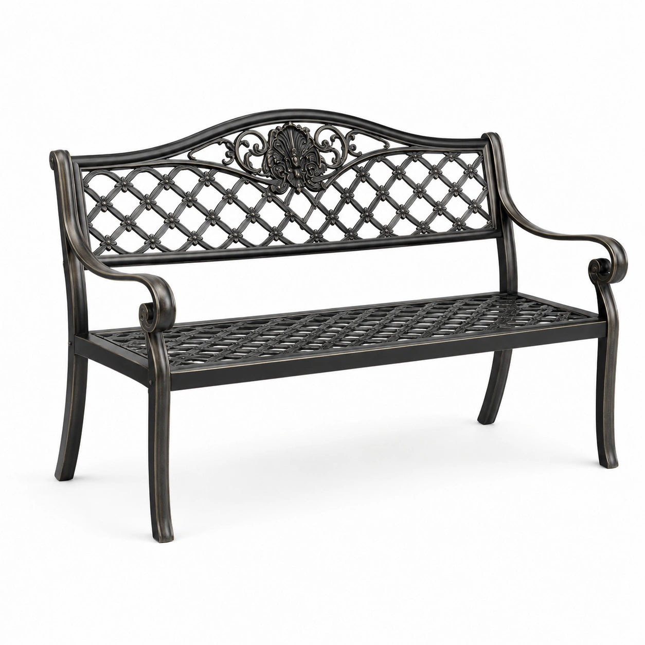 Panchina da giardino ornamentale in metallo nero e bronzo, 104 × 60 × 83 cm
