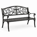 Panchina da giardino a 2 posti in metallo nero con schienale ornamentale, 125 × 60 × 86 cm