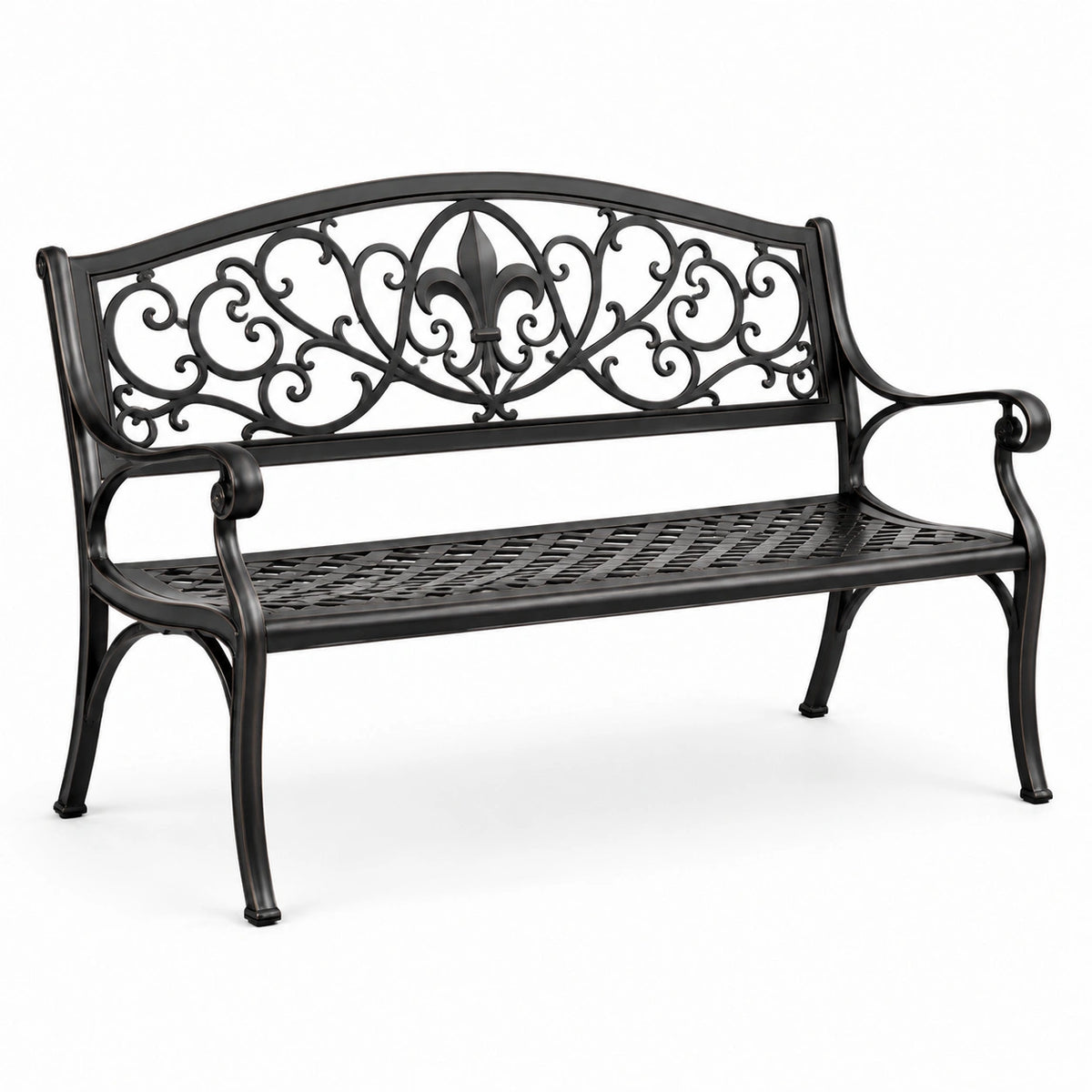 Panchina da giardino a 2 posti in metallo nero con schienale ornamentale, 125 × 60 × 86 cm