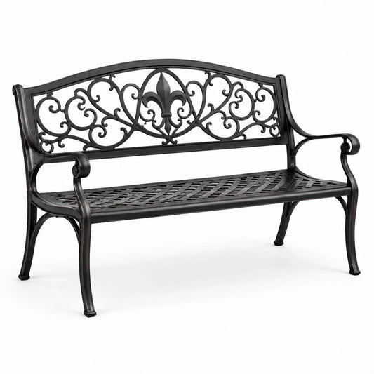 Panchina da giardino a 2 posti in metallo nero con schienale ornamentale, 125 × 60 × 86 cm