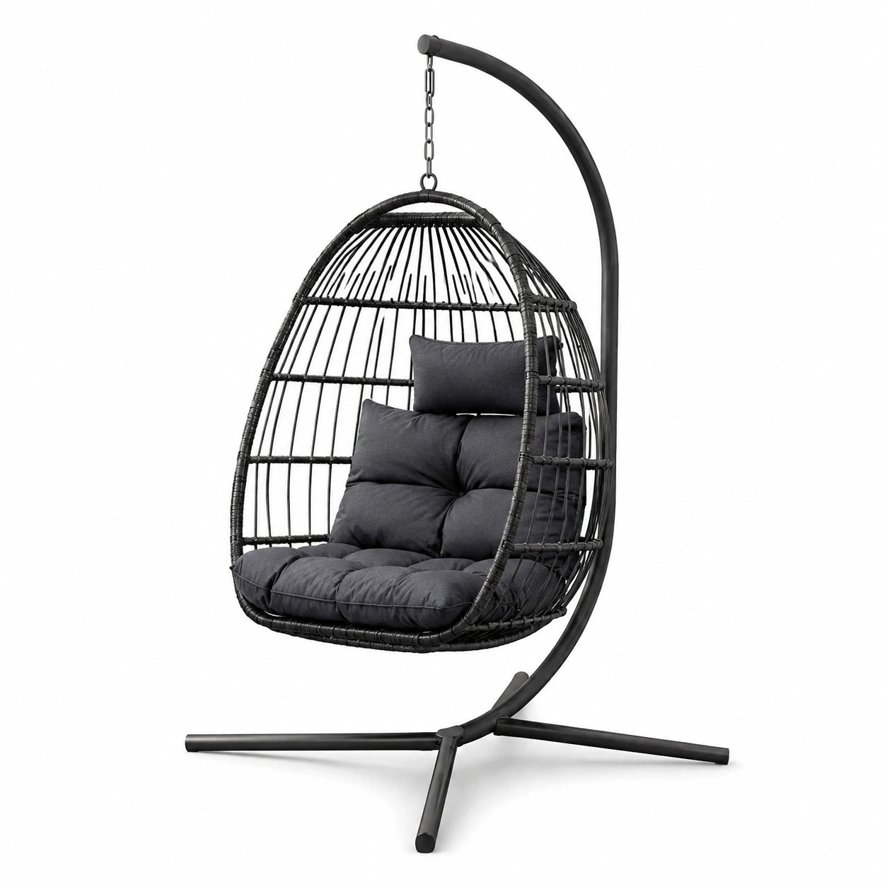 Poltrona sospesa con supporto, 120 × 105 × 195 cm, in acciaio e rattan sintetico, nero e grigio antracite