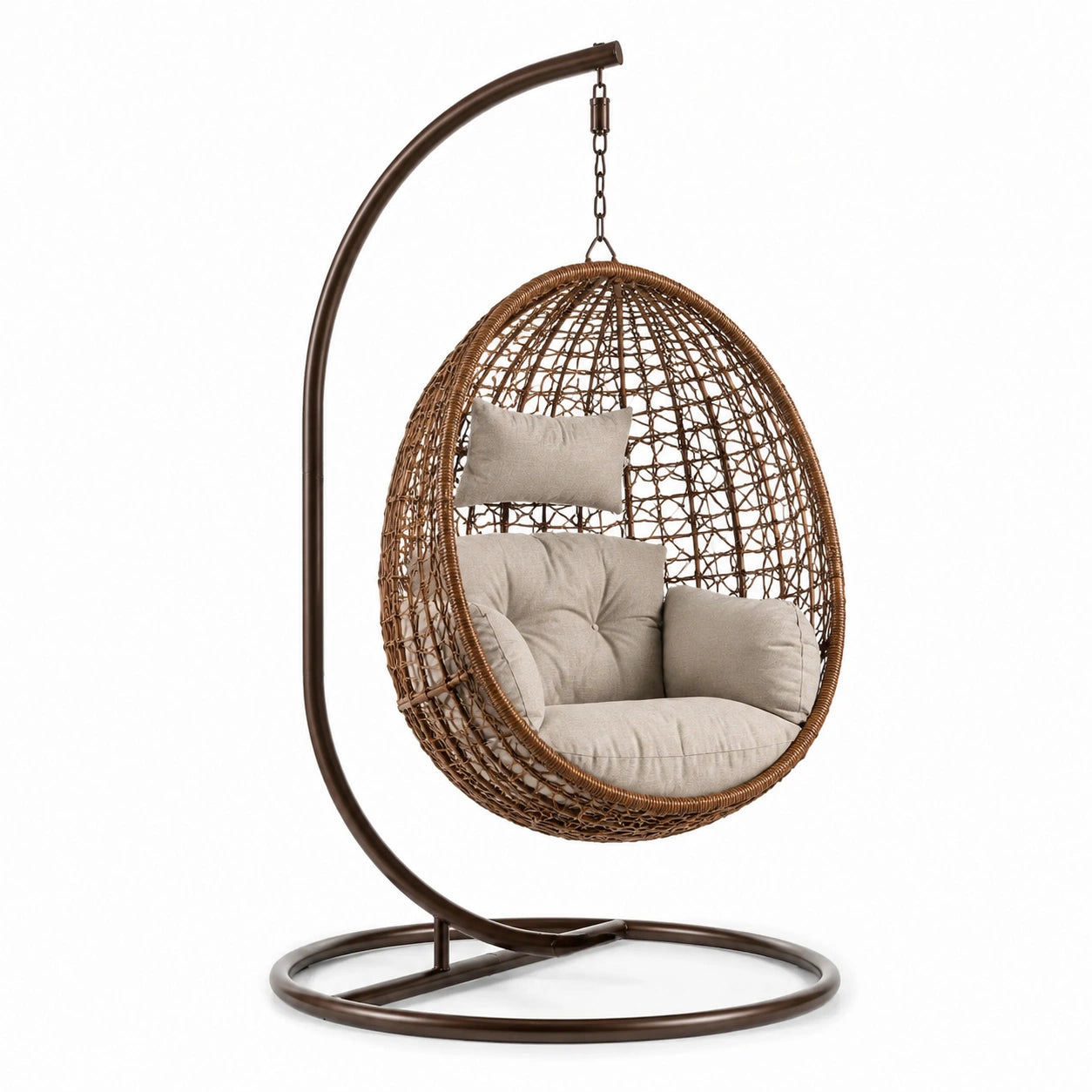 Poltrona sospesa marrone e beige 105 × 105 × 195 cm con struttura in acciaio e intreccio sintetico