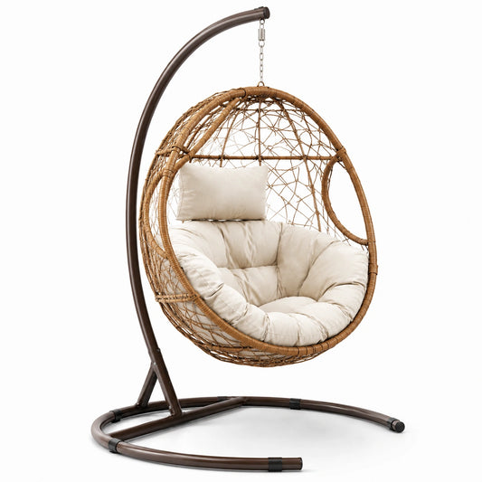 Poltrona sospesa con supporto, cuscini imbottiti, 105 × 105 × 195 cm, marrone e beige
