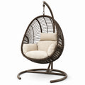 Poltrona sospesa con supporto, 110 × 105 × 195 cm, marrone con cuscini beige