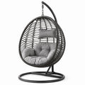 Poltrona sospesa con supporto, 105 × 105 × 195 cm, acciaio e rattan sintetico nero, cuscini grigi