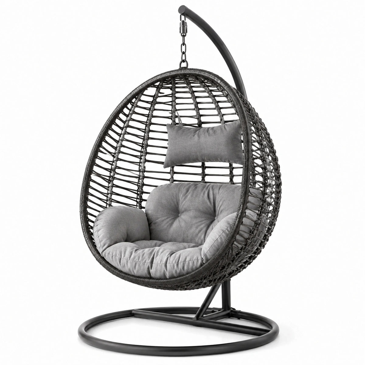 Poltrona sospesa con supporto, 105 × 105 × 195 cm, acciaio e rattan sintetico nero, cuscini grigi