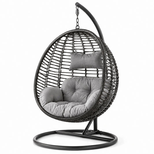 Poltrona sospesa con supporto, 105 × 105 × 195 cm, acciaio e rattan sintetico nero, cuscini grigi