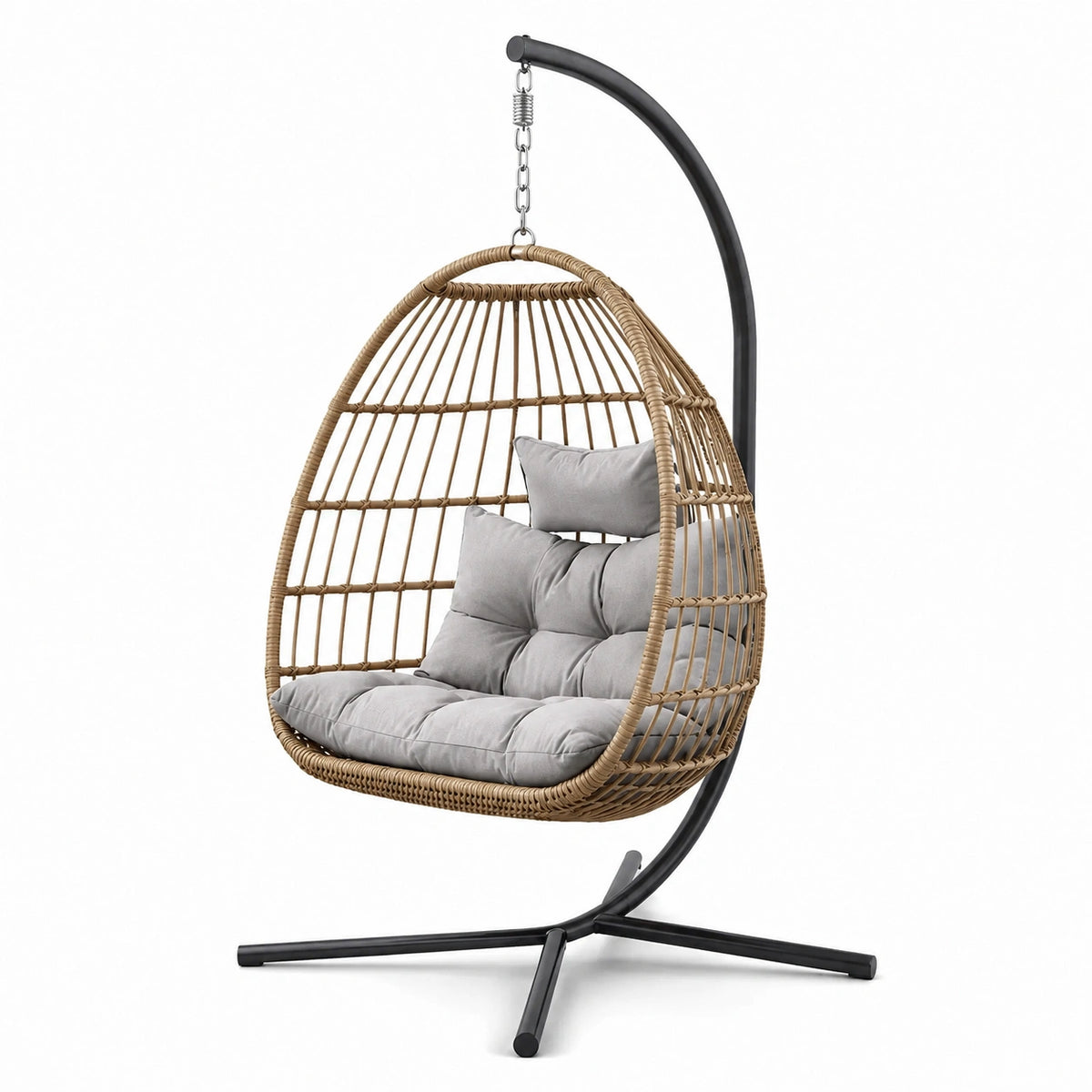 Poltrona sospesa con supporto, 105 × 105 × 195 cm, rattan sintetico marrone, acciaio nero e cuscini grigi