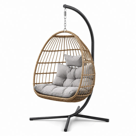 Poltrona sospesa con supporto, 105 × 105 × 195 cm, rattan sintetico marrone, acciaio nero e cuscini grigi